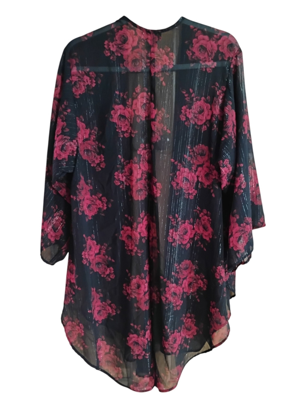 Torrid Black Red Rose Floral Sheer Chiffon Kimono Lurex Silver Pinstripe Sz 00/0 - Picture 3 of 7